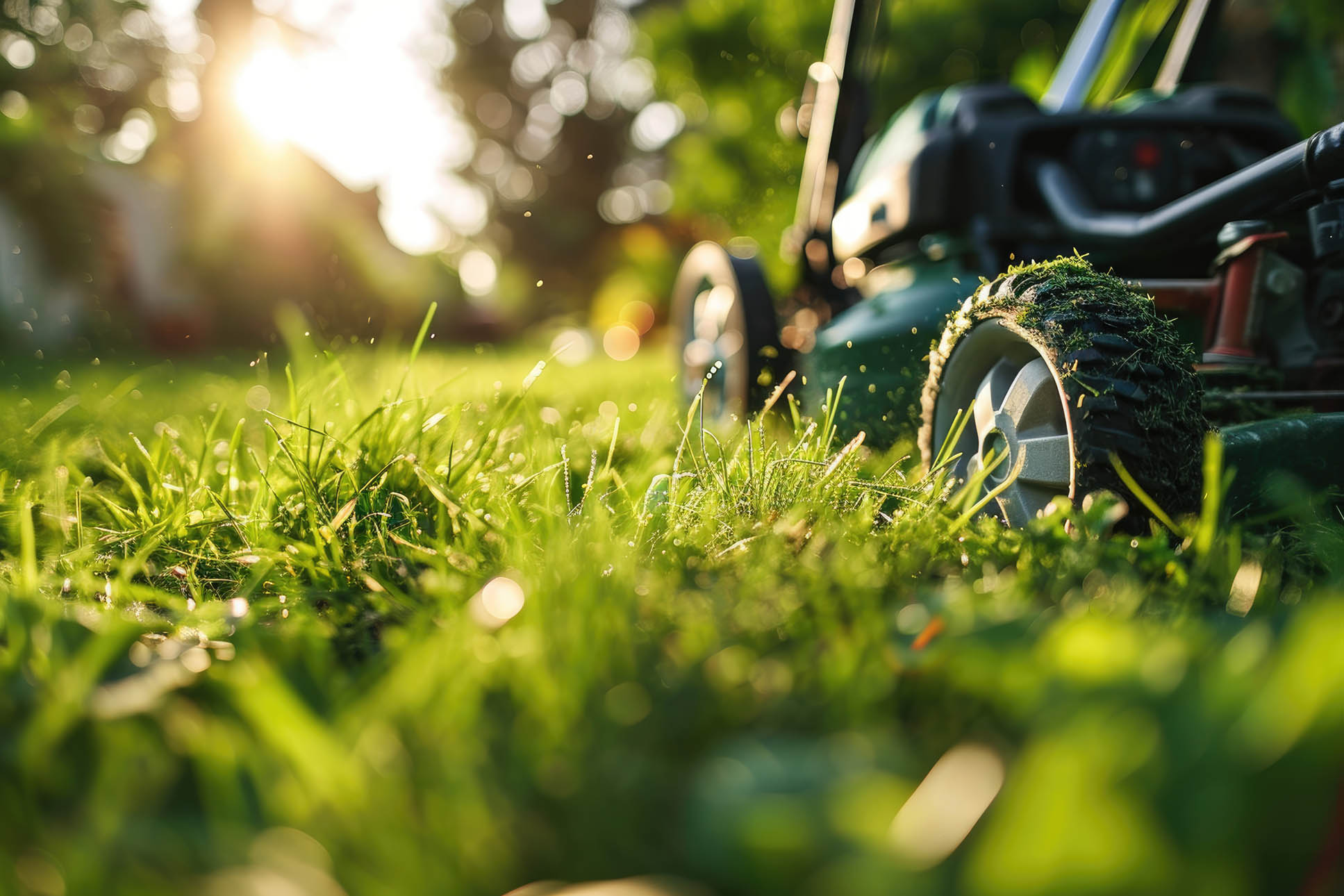 Lawn mower cutting green grass in backyard Radiant Pink Make-Up on Skin - Serene Portrait Radiates Elegance